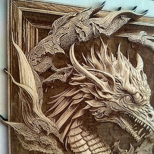 May include: A detailed wood carving of a dragon's head with intricate scales and sharp teeth. The dragon is set against a wood background with a frame.
