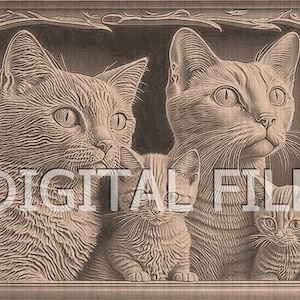 Laser Engraving Files, Cat Family, 3D Illusion, Wood Engraving, Glowforge Laser Ready.