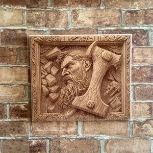 Wood Laser Engraving Thor Art, Norse Mythology Viking Decor, 3D Illusion Wood Burning Art.