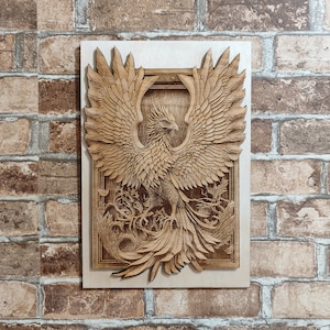 Wood Laser Engraving Phoenix Wall Hanging, Firebird Fantasy Inspirational Wall Art.