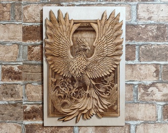 Wood Laser Engraving Phoenix Wall Hanging, Firebird Fantasy Inspirational Wall Art.