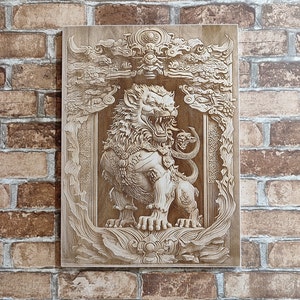 Foo Hund, Imperial Guardian Lion, 3D Illusion Holz Laser Gravur Asiatische Wandkunst.