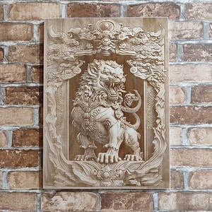 Foo Dog, Imperial Guardian Lion, 3D Illusion Wood Laser Engraving Asian Wall Art.