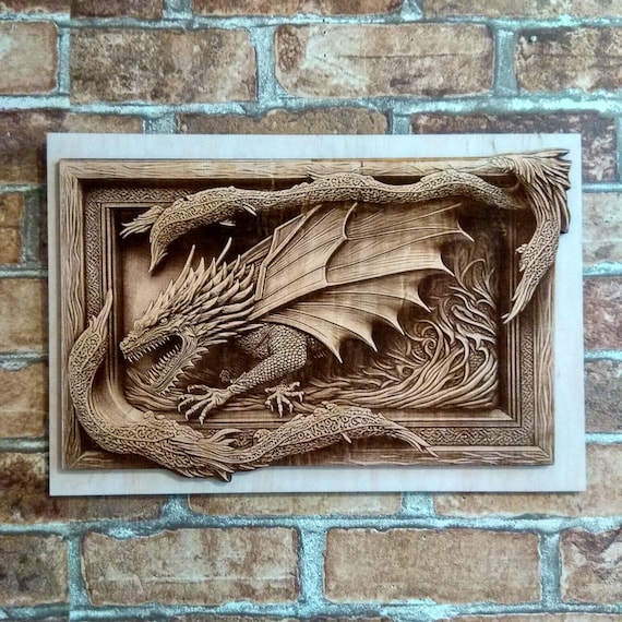 3D Dragon Wall Art: Laser Engraved Wood Burning Mythology Decor