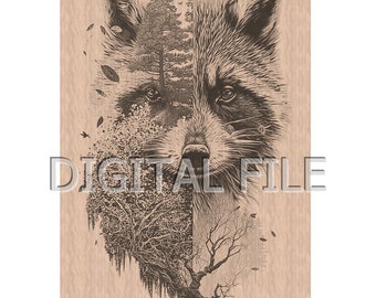 Laser Engraving Files, Raccoon, 3D Illusion, Wood Engraving, Glowforge Laser Ready.