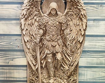 May include: A detailed wooden carving of an angel with large, layered wings, a hooded cloak, and a sword. The angel is depicted in a standing pose, with intricate details in the armor and facial features. The carving is mounted on a wooden panel.