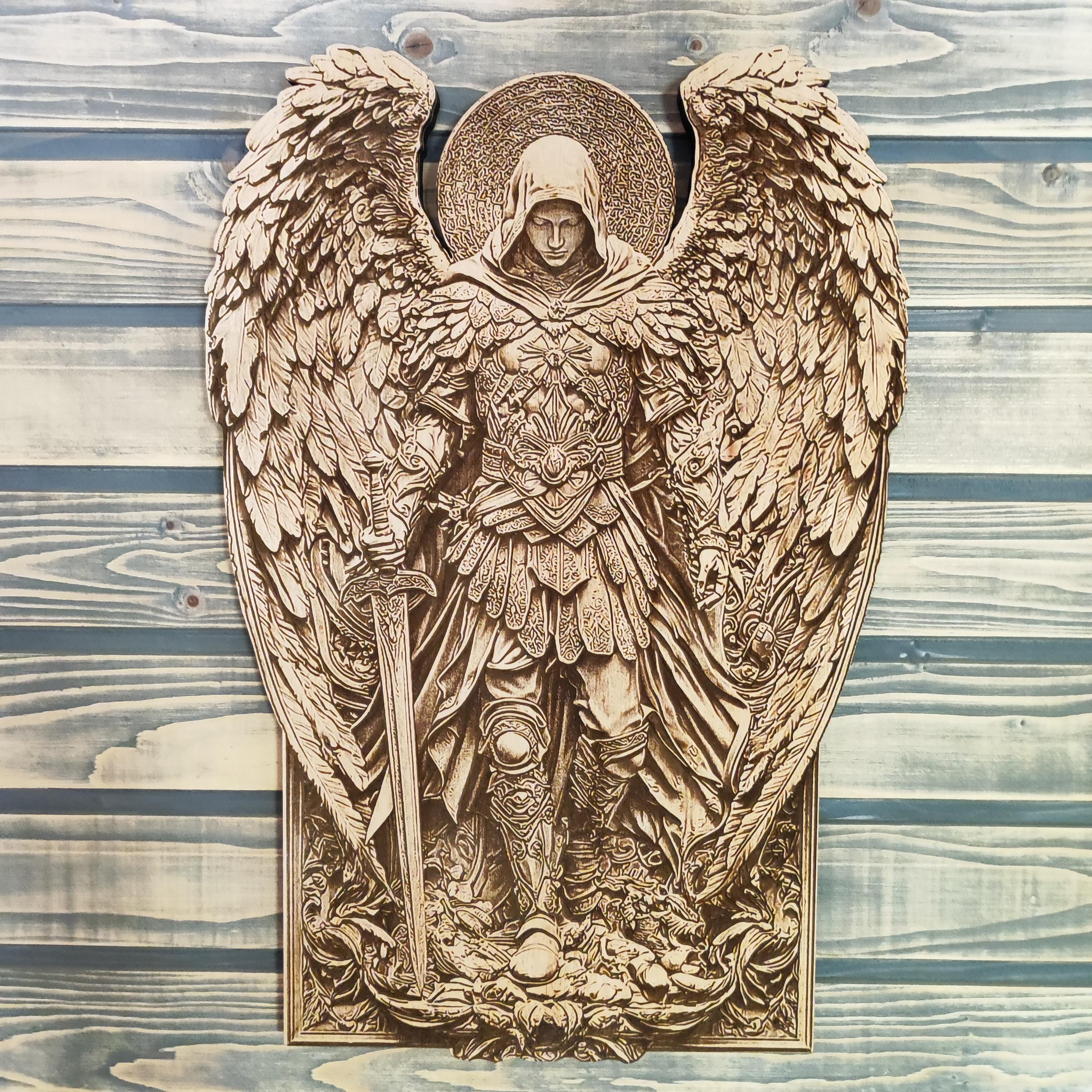 アンティーク ビルマ彫刻 ラッカーパネル 壁掛け 細密工芸 ヴィンテージ Archangel Michael | Laser Engraved Wood Wall Art | Modern