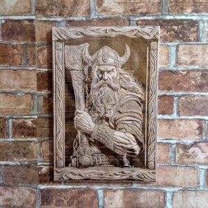 Wood Laser Engraving Thor Art, 3D Illusion Norse Mythology Viking Decor.