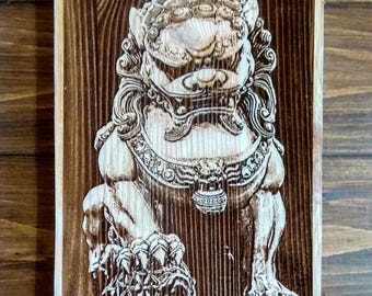 Wood Burned Foo Dog Wall Art, Chinese Imperial Guardian Lion Wall