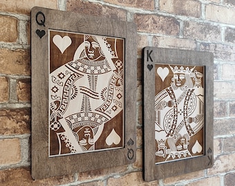 King and Queen of Hearts Gaming Room Decor, Wood Laser Engraved Playing Cards, Poker Cards Wall Art.