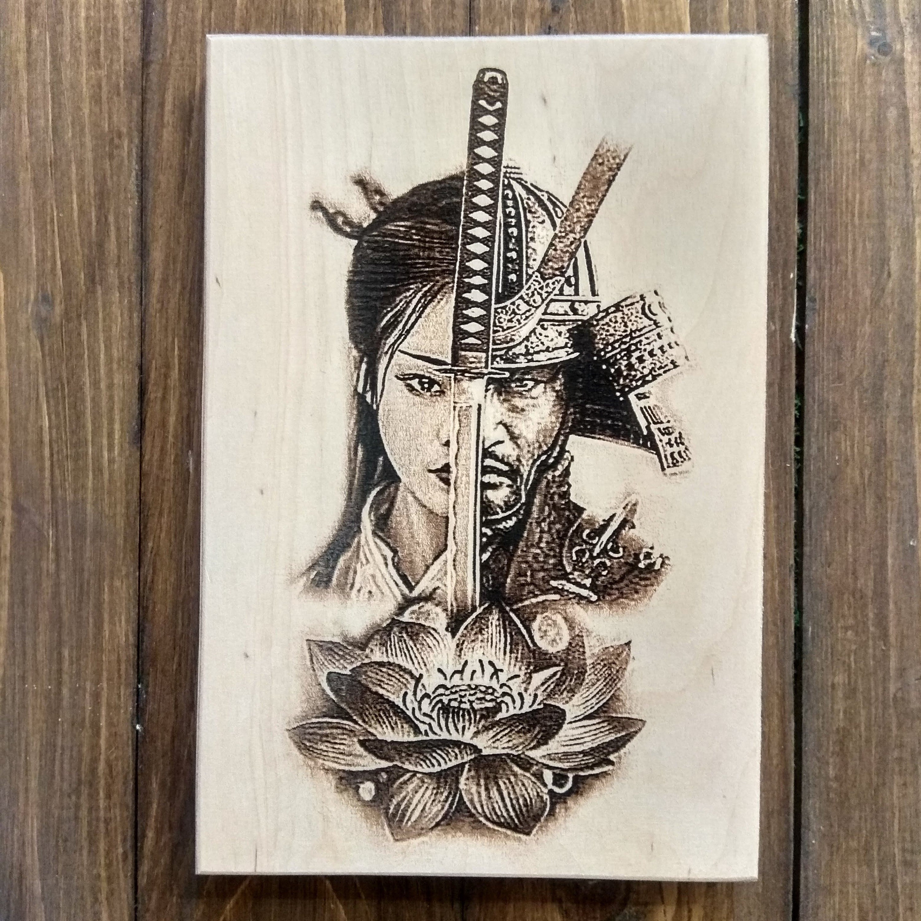 Wood Burning Samurai and Geisha Wall Art, Japanese Warrior Wall