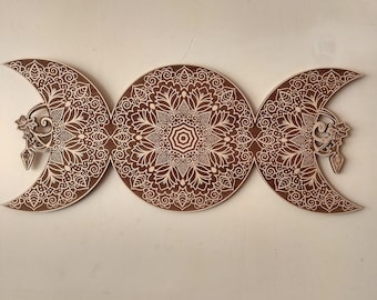 Wooden Triple Moon Flower Wall Art, Triple Goddess Wall Decor.