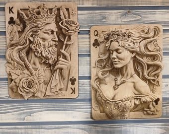 King and Queen of Clubs Gaming Room Decor, King of Clubs, Queen of Clubs, Wood Laser Engraved Playing Card Art, Custom Playing Cards.