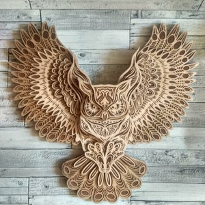 Owl Wood Wall Hanging, 3D Owl Wall Decor, Owl Gift, Multilayer Mandala Wildlife, Owl Mandala