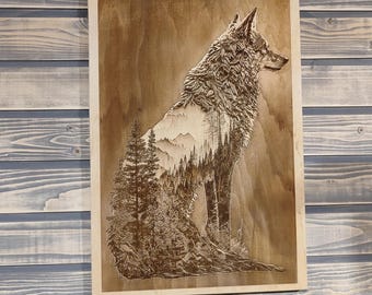 Wolf Silhouette with Mountains and Forest Laser Engraving Wall Art.