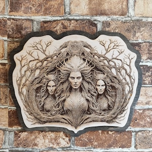 Hecate, Triple Goddess, 3D Illusion Wood Laser Engraving Wall Sign.