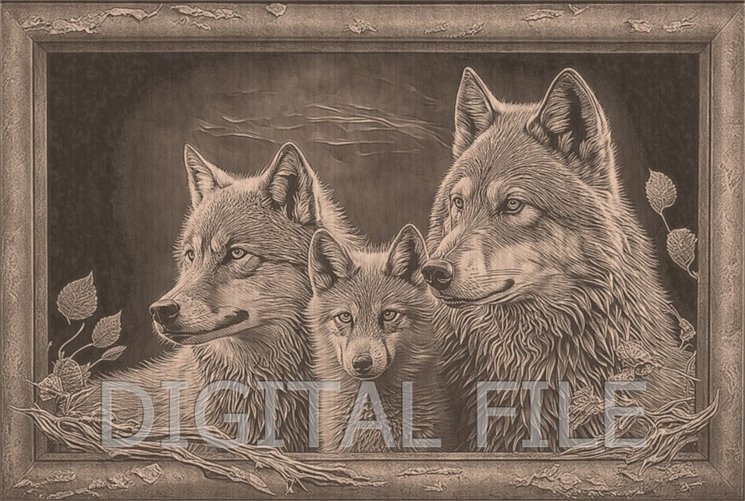 Laser Engraving Files, Wolf Art, Wolves Family, 3D Illusion, Wood