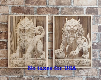 Perros Foo, león guardián imperial, arte de pared asiático con grabado láser de madera con ilusión 3D.