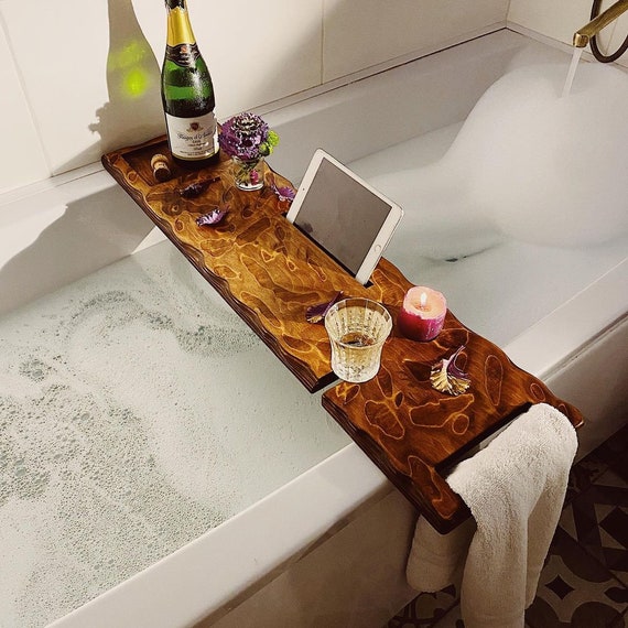 Wooden Bath Caddy Tray With Wine Holder, Bathtub Wine Holder