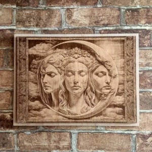 Drievoudige godin, maangodin, 3D-illusie houten lasergravure muurbord.