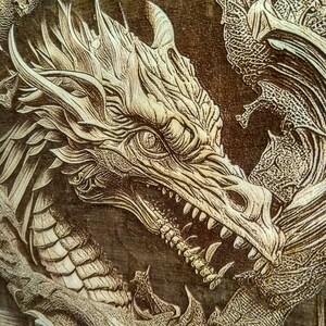 May include: A close-up of a wood-burned dragon design. The dragon is depicted with an open mouth, showing sharp teeth, and a detailed, intricate design.