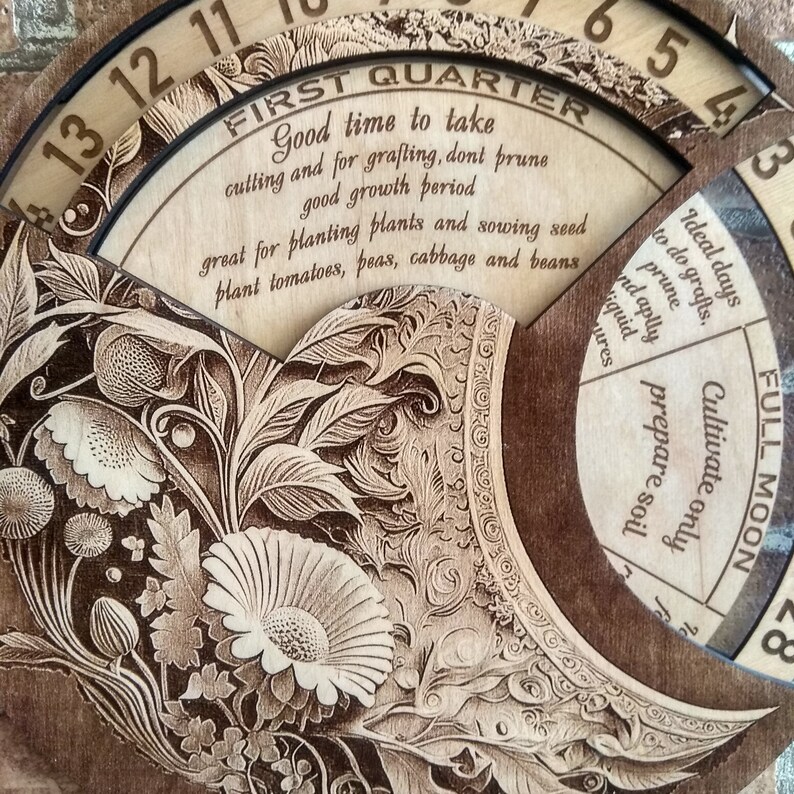 Peut inclure: Un tableau circulaire en bois avec un calendrier de jardinage. Le tableau est divis&eacute; en sections avec diff&eacute;rentes phases lunaires et t&acirc;ches de jardinage. Le texte sur le tableau indique "Premier quartier", "Bon moment pour la taille et le greffage, ne pas tailler bonne p&eacute;riode de croissance", "Id&eacute;al pour planter des plantes et semer des graines planter des tomates, des pois, du chou et des haricots", "Jours id&eacute;aux pour faire des greffes, tailler et appliquer du liquide", "Cultiver uniquement pr&eacute;parer le sol", "Pleine lune".