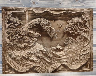 3D, Multi Layered Wood, Japanese Wave Scene. Laser Cut, All