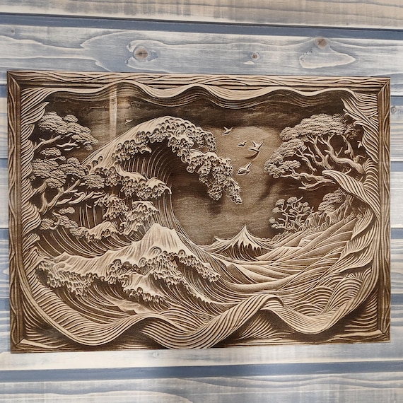 アート・デザイン・音楽 THE WOOD AND THE GRAVER The Great Wave, 3D Illusion Wood Laser Engraving Japanese