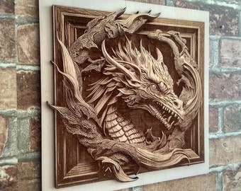 Laser Engraved Dragon Wall Art: 3D Wood Burning Illusion