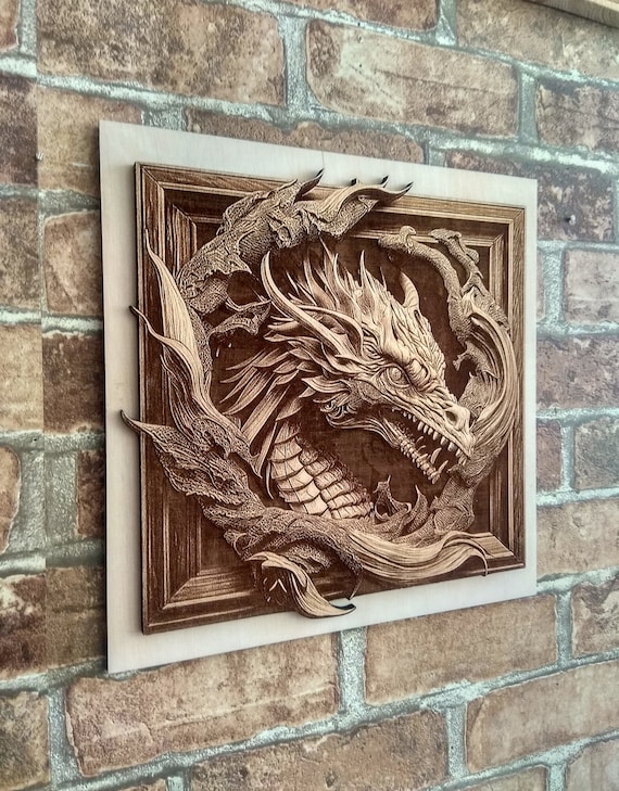 Dragon Head Wall Art 3D Illusion Wood Burning Art Laser Engraved