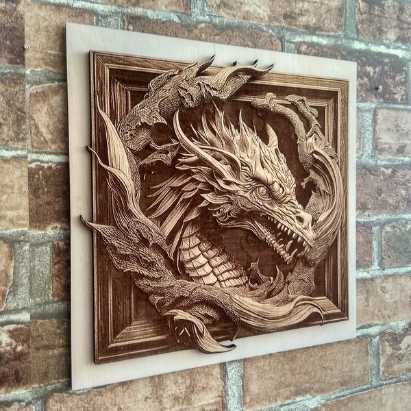 Art mural tête de dragon, art de la gravure sur bois illusion 3D, art mural mythologie gravé au laser.