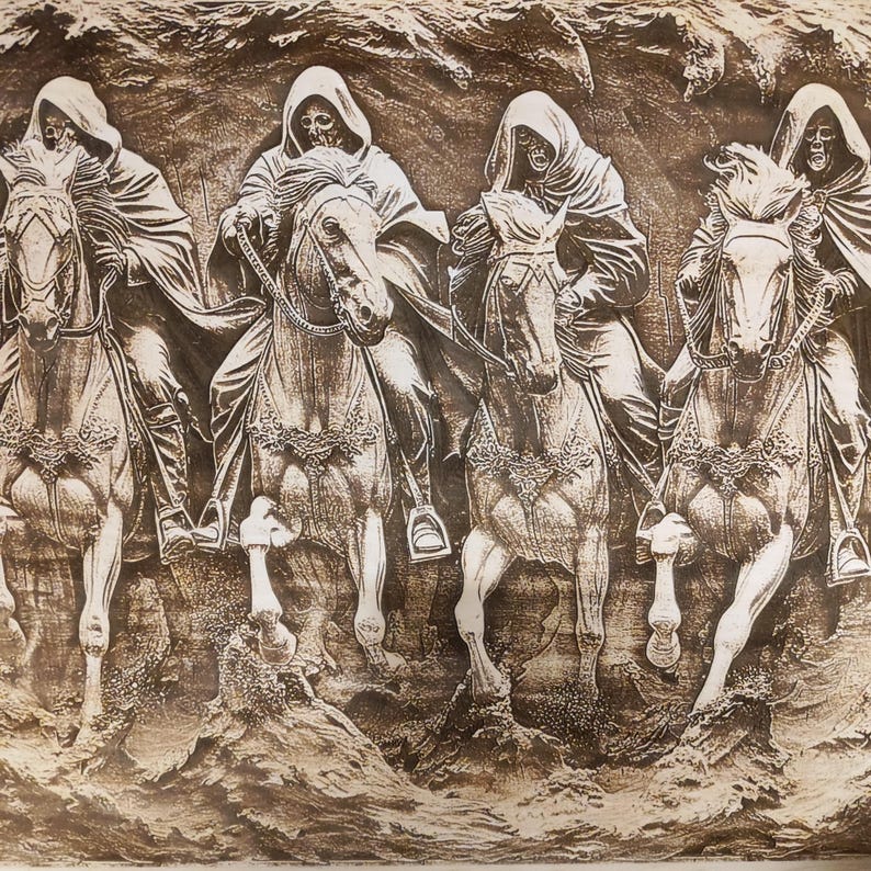 May include: A sepia-toned relief carving depicts four hooded figures riding horses. The riders, with skeletal faces, are draped in flowing robes. The horses are adorned with decorative tack, and the scene evokes a sense of foreboding.