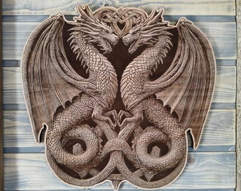 Arte murale in legno con draghi celtici / Arte fantasy / Decorazione con drago inciso al laser