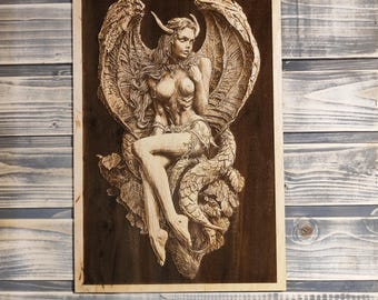 Lilith, Dark Goddess, Laser Engraved Wood Wall Art.