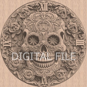 Archivos de grabado láser, reloj de calavera de azúcar, ilusión 3D, grabado en madera, listo para láser Glowforge.