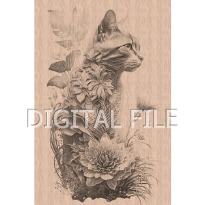 Lasergravur Dateien, Katze, Blumen, 3D Illusion, Holzgravur, Glowforge Laser Ready.
