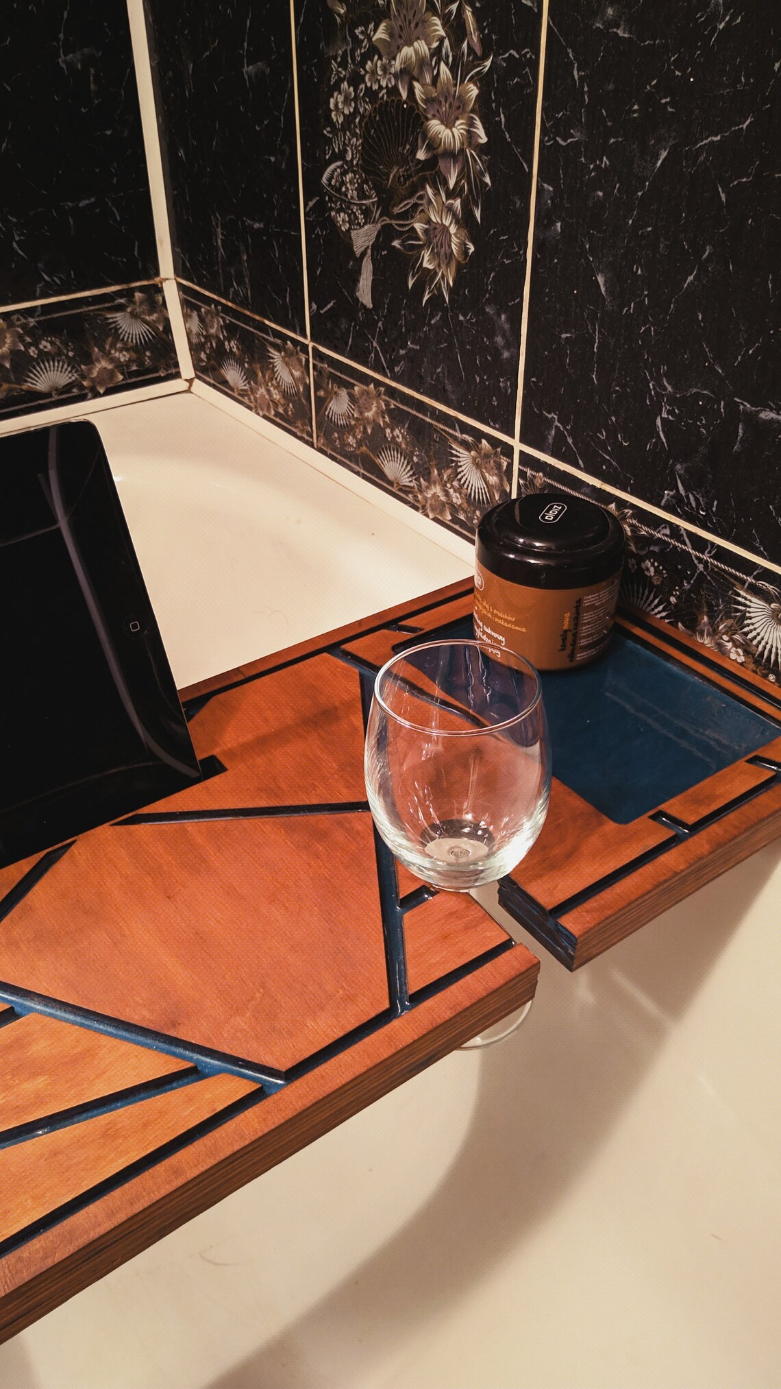 Wooden Bath Caddy With epoxy resin Tray With Wine & Tablet Etsy