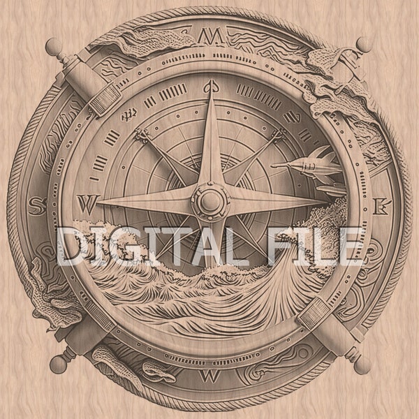 Laser Engraving Files, Compass Rose, Rose of Wind, 3D Illusion, Wood Engraving, Glowforge, xtool, Laser Ready Files.