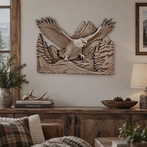 Bald Eagle Wood Wall Art, Wooden Mountain Decor, Wildlife Cabin Lodge Art