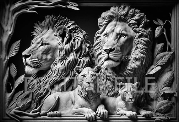 File per incisione laser, Famiglia dei leoni, Illusione 3D