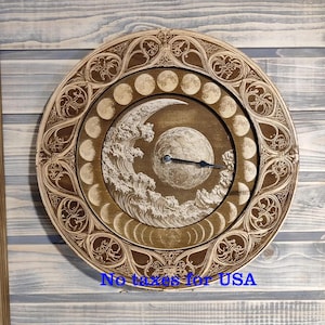 Wooden Moon Phase Clock: Laser Engraved Lunar Wall Art