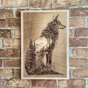 Wolf Silhouette with Mountains and Forest Laser Engraving Wall Art.