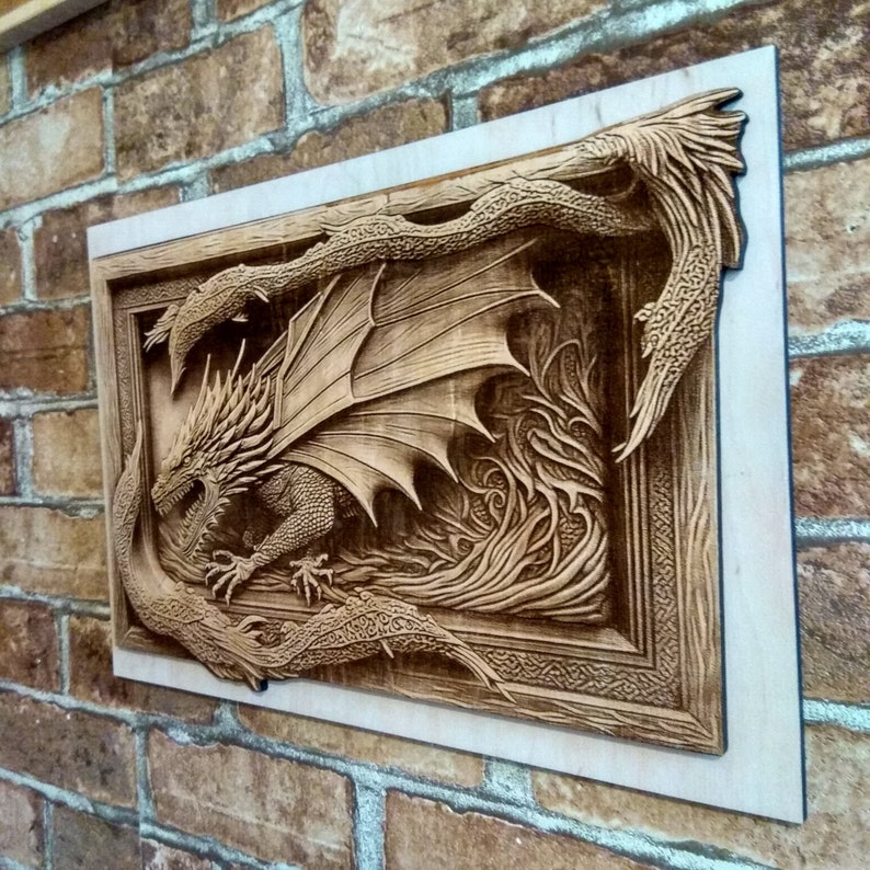 May include: A wooden wall art piece featuring a detailed carving of a dragon with its wings spread wide. The dragon is surrounded by intricate carvings of flames and vines, creating a dramatic and dynamic scene.