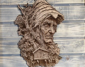 Baba Yaga Wooden Wall Art – Laser Engraved Slavic Folklore Decor