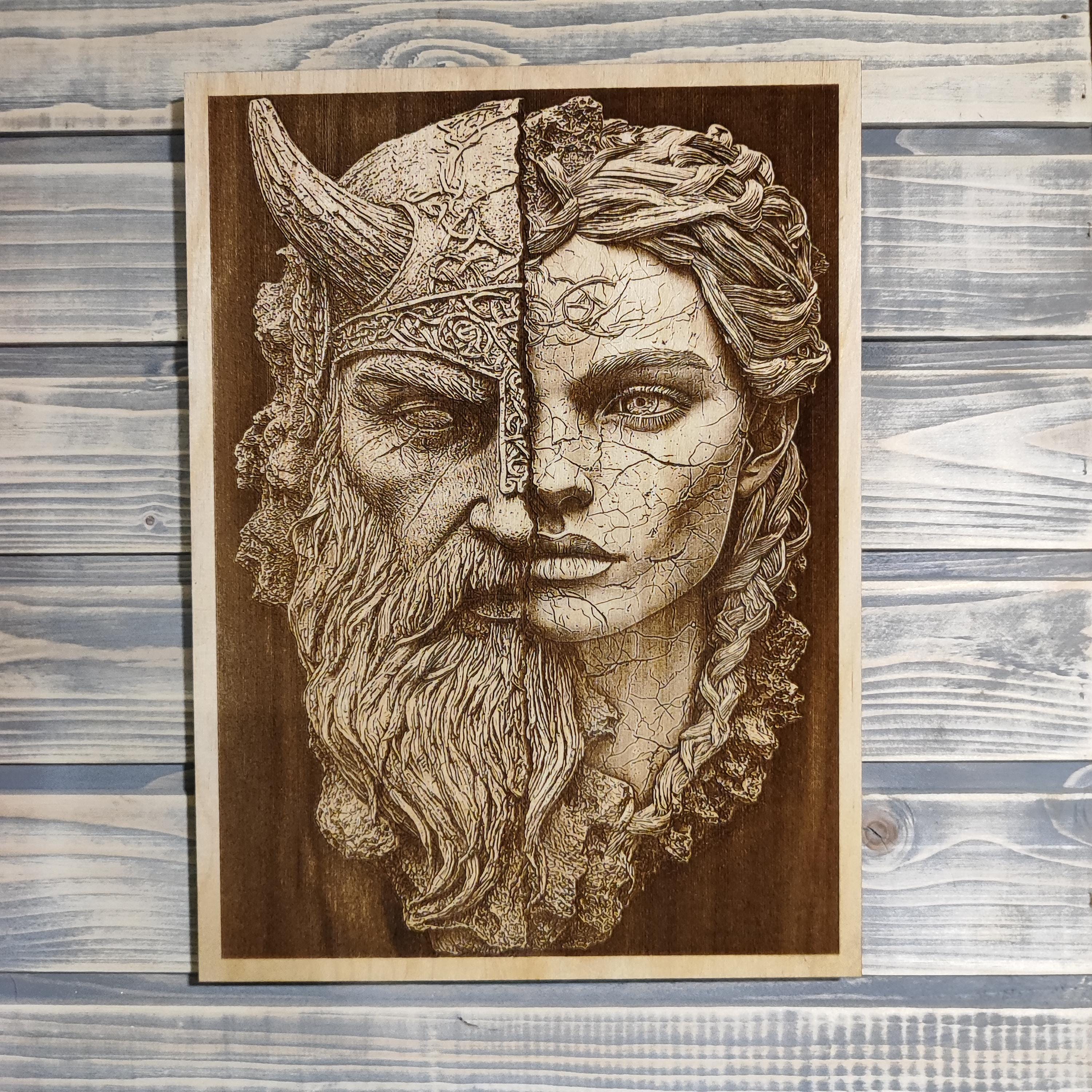 Freya and Odin Viking Mythology Wall Art – Laser Engraved Wood Artwork