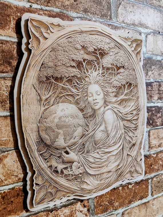 ギリシャの女神ガイア、大地の母、ギリシャ神話の木製レーザー彫刻壁