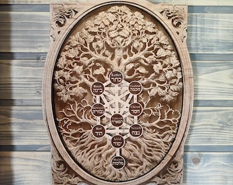 Sephiroth Kabbalah Tree of Life, Wood Laser Engraved Jewish Art, Occult Art.
