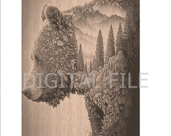 Laser Engraving Files, Mountain Bear, 3D Illusion, Wood Engraving, Glowforge Laser Ready.
