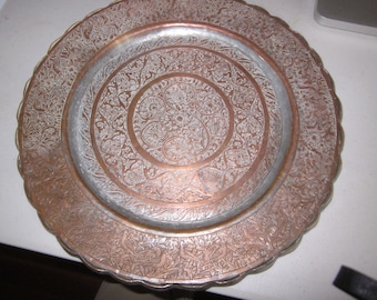 1 Antique Islamic Chased Copper Tray Qajar Dynasty?, once tinned