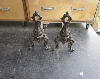 1 Pair of Antique Bronze or Brass / Iron Andirons